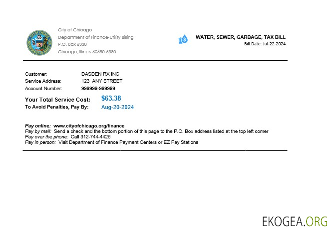 États Unis Illinois Chicago eau, égouts, ordures, facture de services publics d'entreprise fiscale Modèle Word et PDF